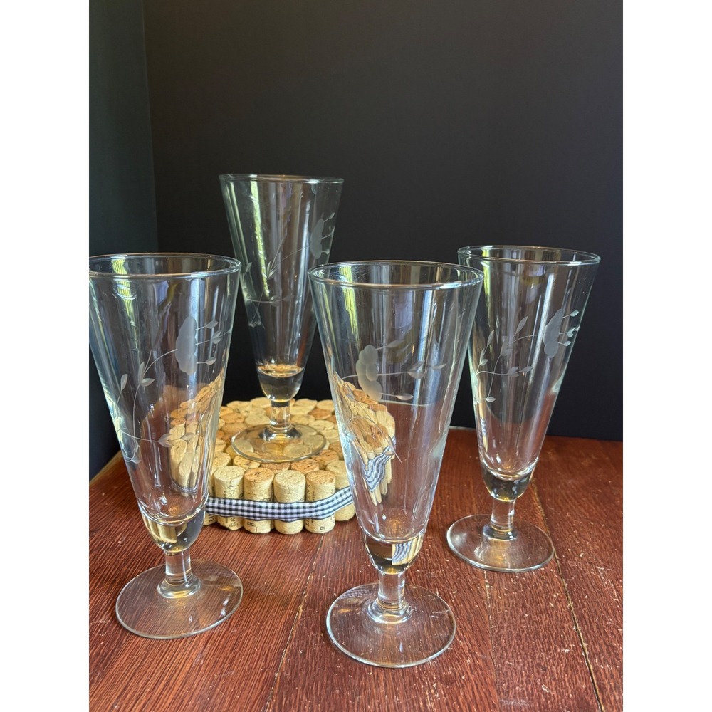 Princess House Heritage Etched Floral Footed Pilsner Glasses Set of 4 Clear 8in
